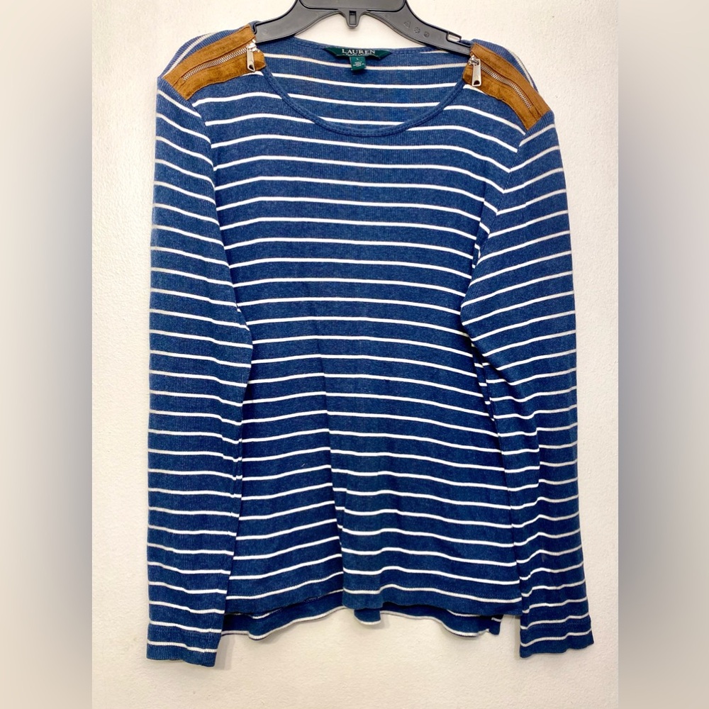 Lauren Ralph Lauren Blue and White Striped Knit Zip Long Sleeve Women’s‎ Large